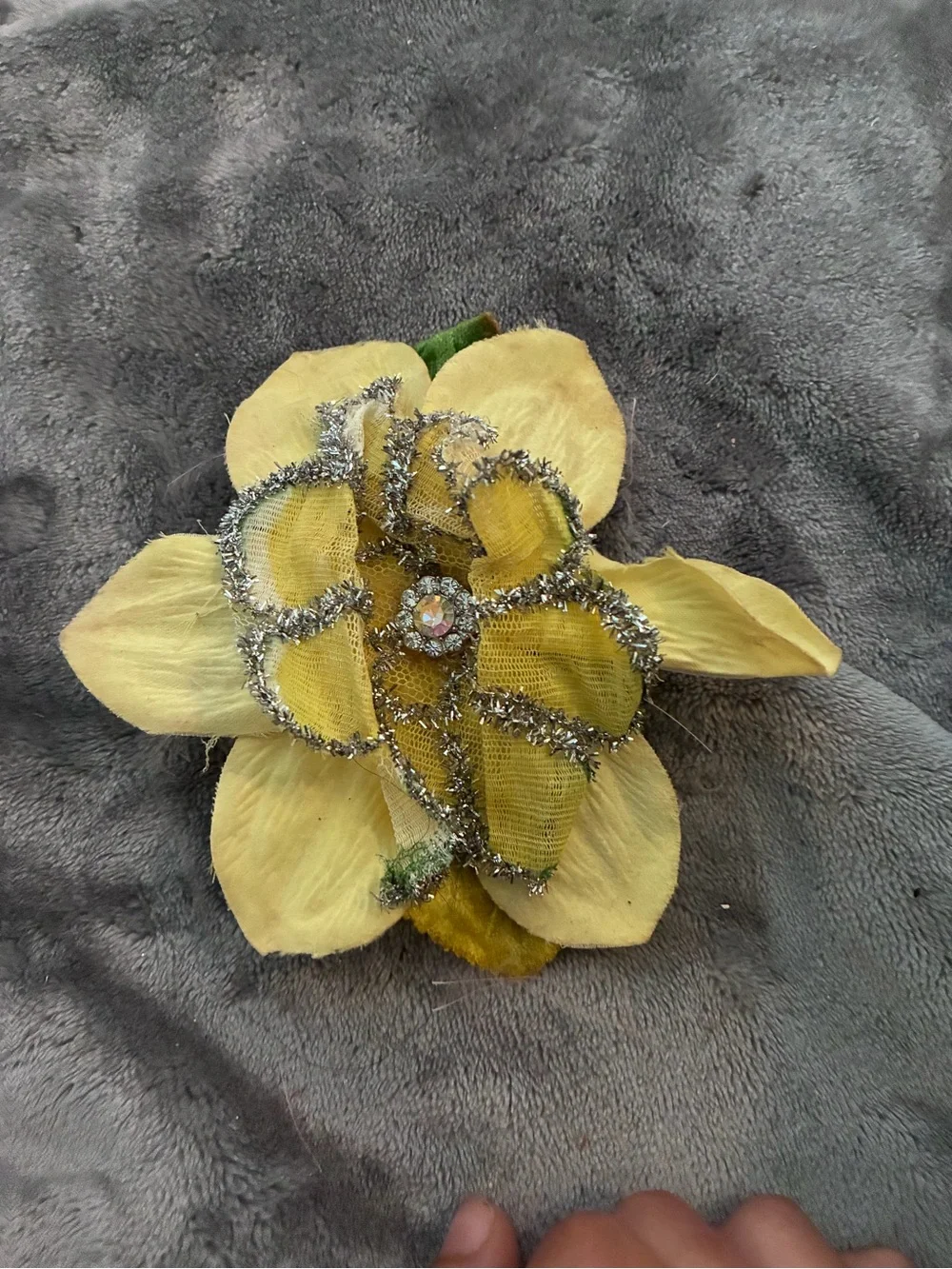 Vintage Antique Handmade Yellow Fabric Flower Appliqué Hair Clip